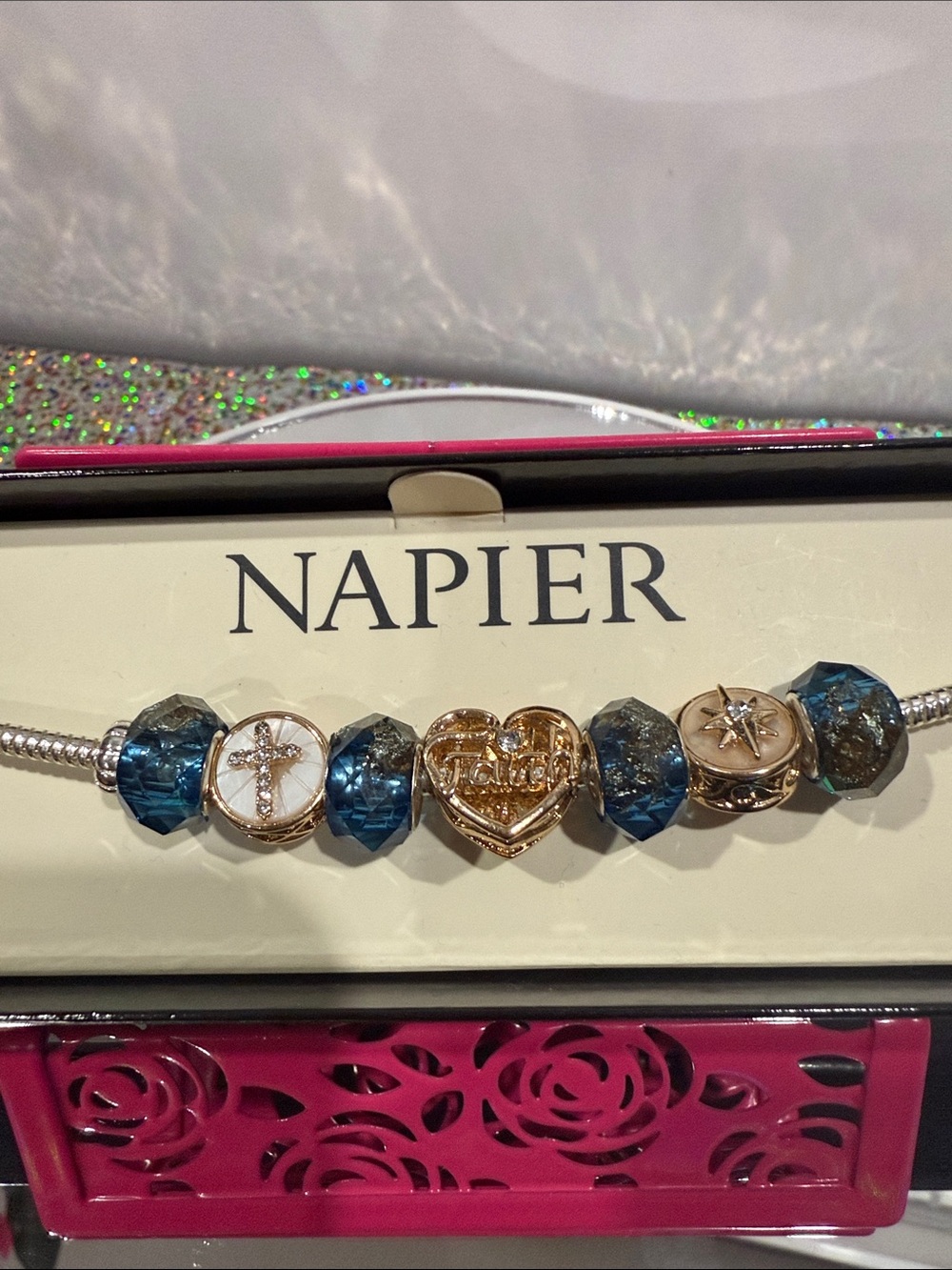 Napier Gold & Teal Crystal Heart Charm Bracelet